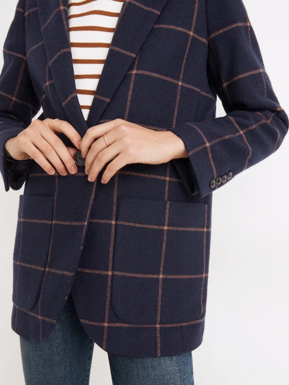 Madewell Navy Blazer with Brown Windowpane Check